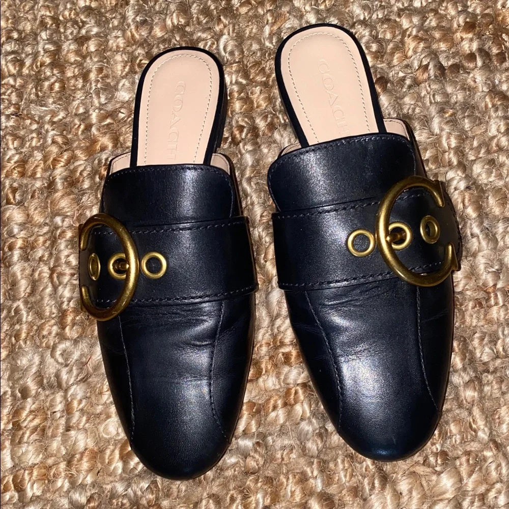 Coach Black Leather Mule Slides with Gold Ring Hardware - Picture 2 of 5
